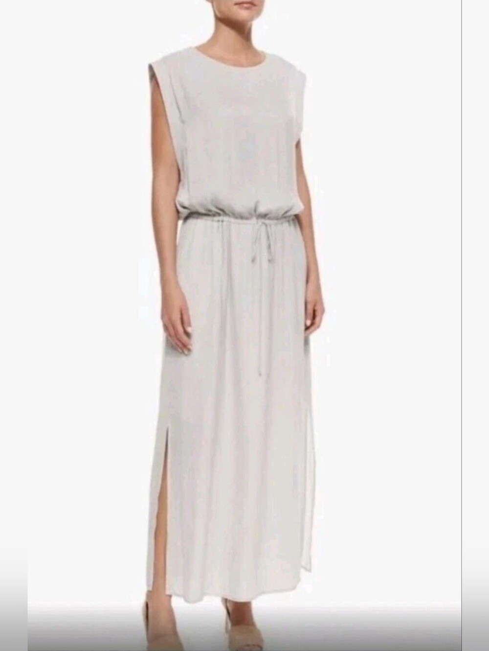 MSRP$395 Vince Drawstring Waist Shiny Charmeuse Maxi Dress Light Gray SZ Small